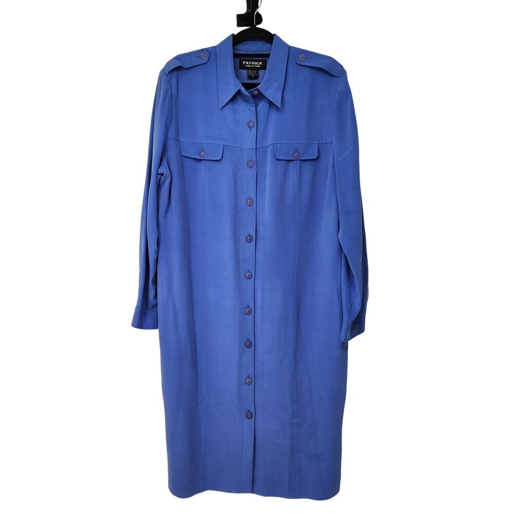 Vtg Patrick Collection 100% Silk Shirt Dress Cobalt Midi Collared Women‎ 16